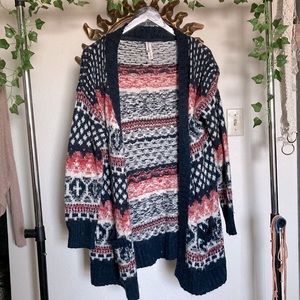 Red and dark blue cardigan